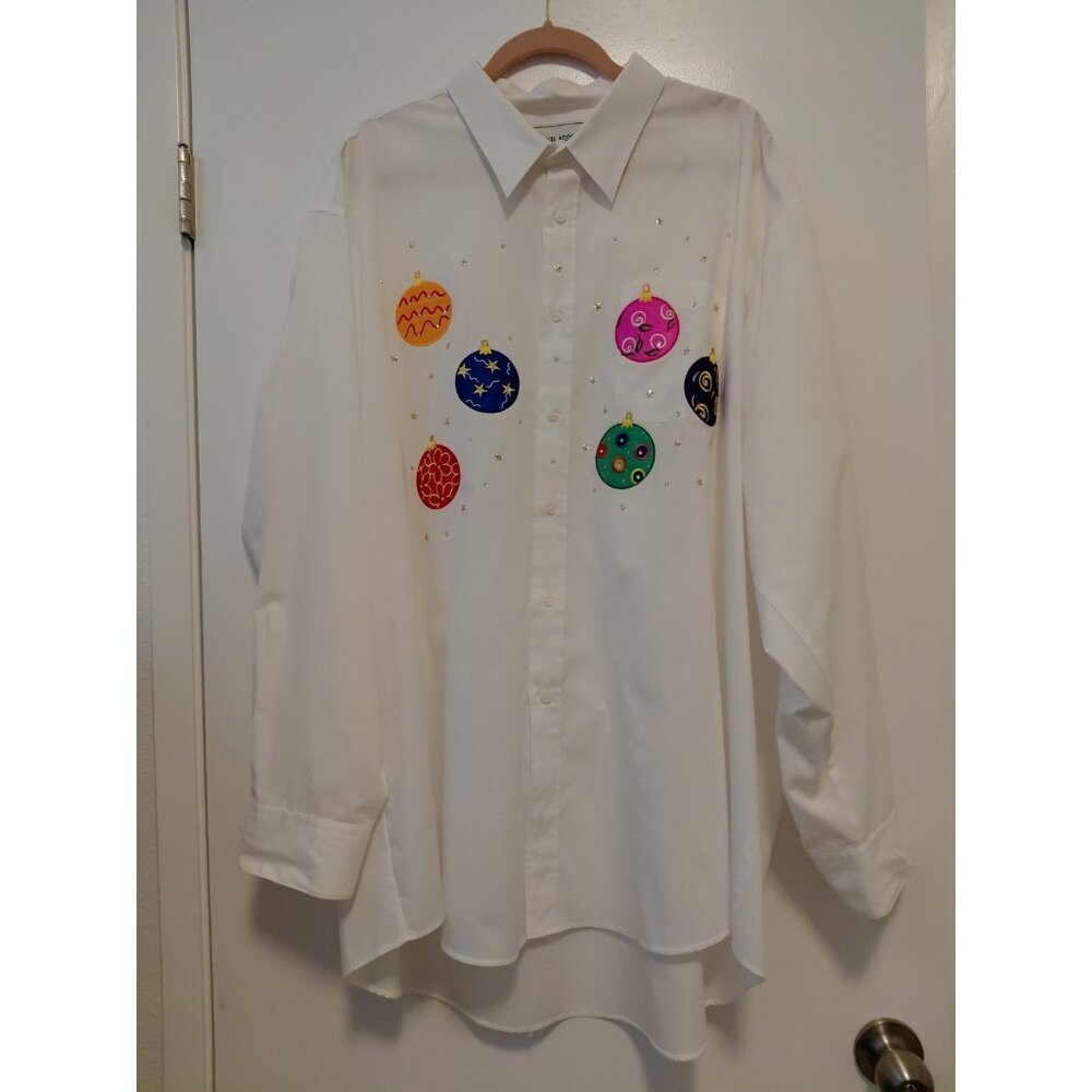Embassy Fashions Women’s White Button Down Top Christmas Ornaments Applique 3X
